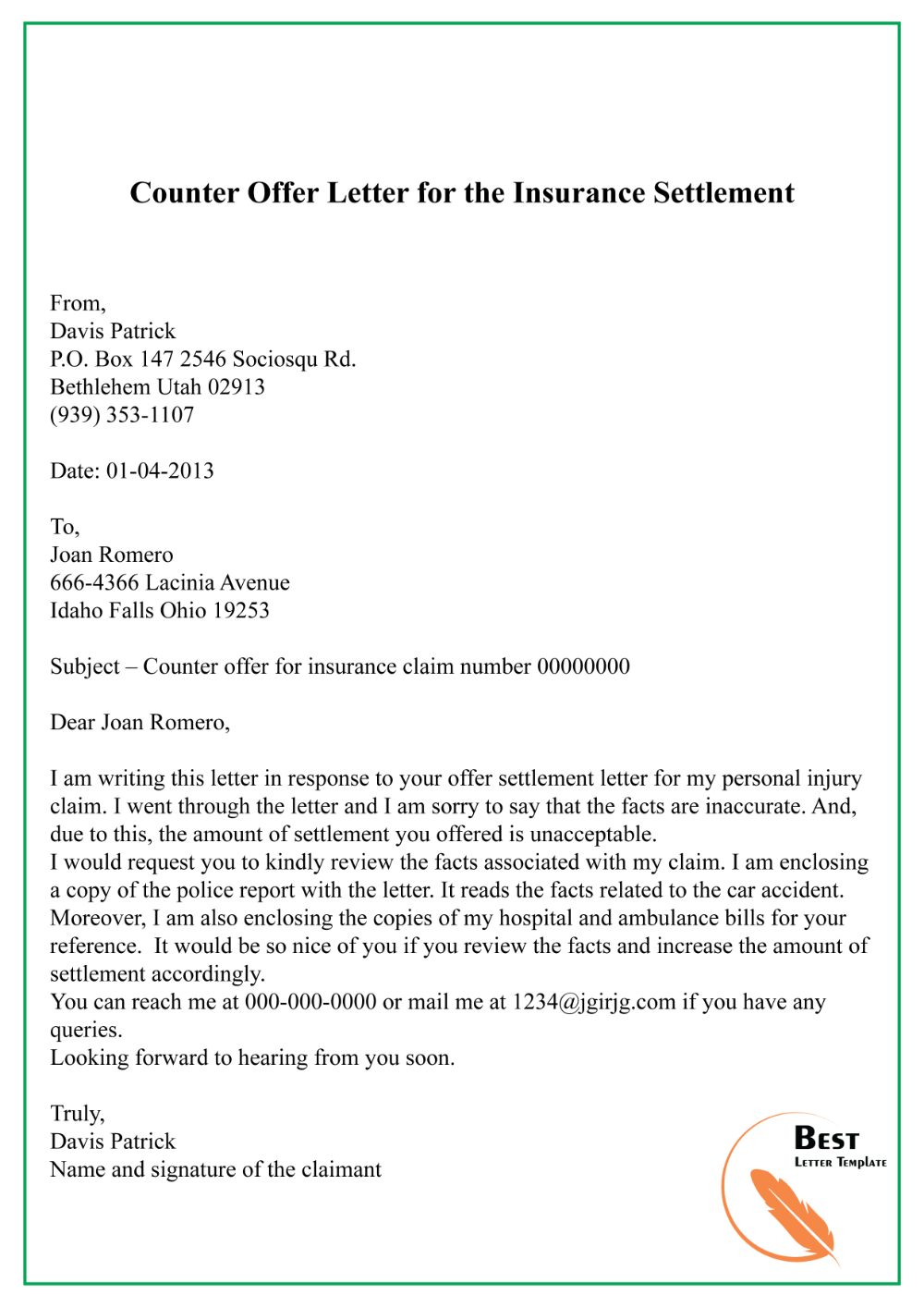 Legal Settlement Offer Letter Template ~ Resume Letter Legal Settlement Offer Letter Template ~ Resume Letter