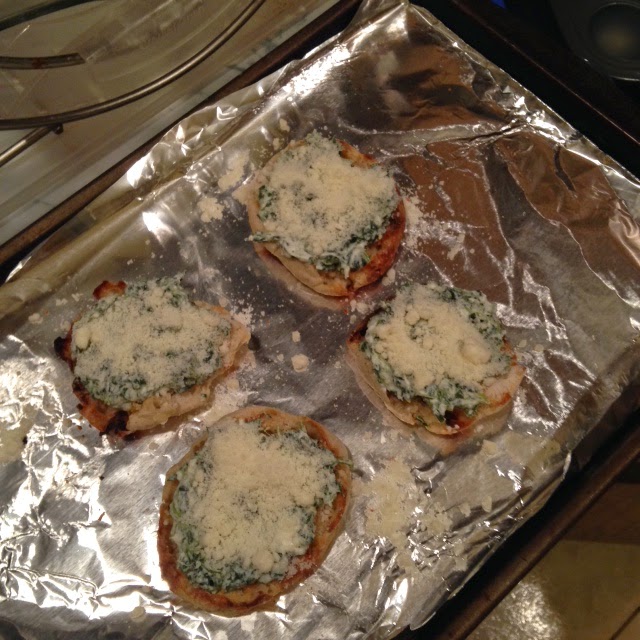Lighter Bites Spinach and Ricotta English Muffin Pizzas