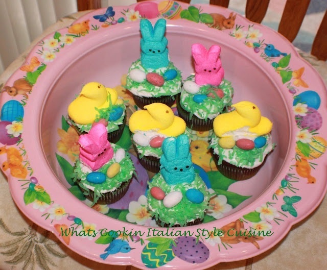 these are peeps on cupcakes, cookies and cakes and fun ideas for Easter decorating