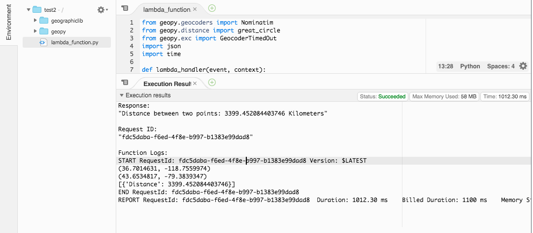 Create an AWS lambda function to make an api call using Geopy (PyPI ...