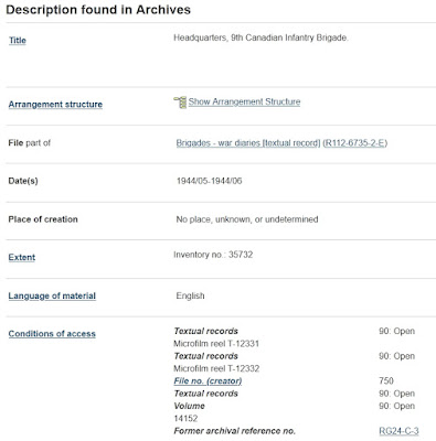 Screen capture from Library and Archives Canada record description for Headquarters, 9th Canadian Infantry Brigade, 1944/05-1944/06.