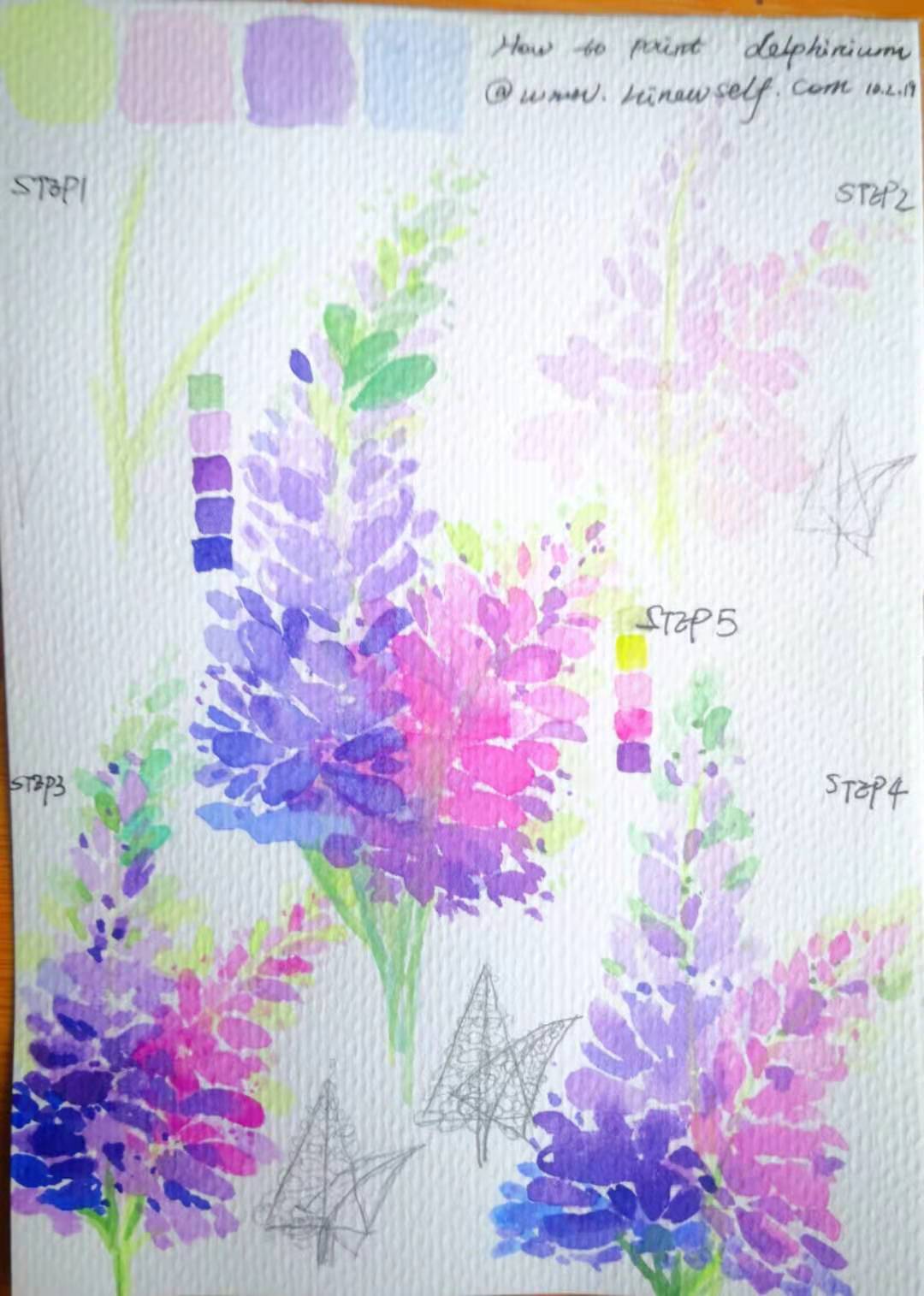 How to paint watercolor delphinium flower skills