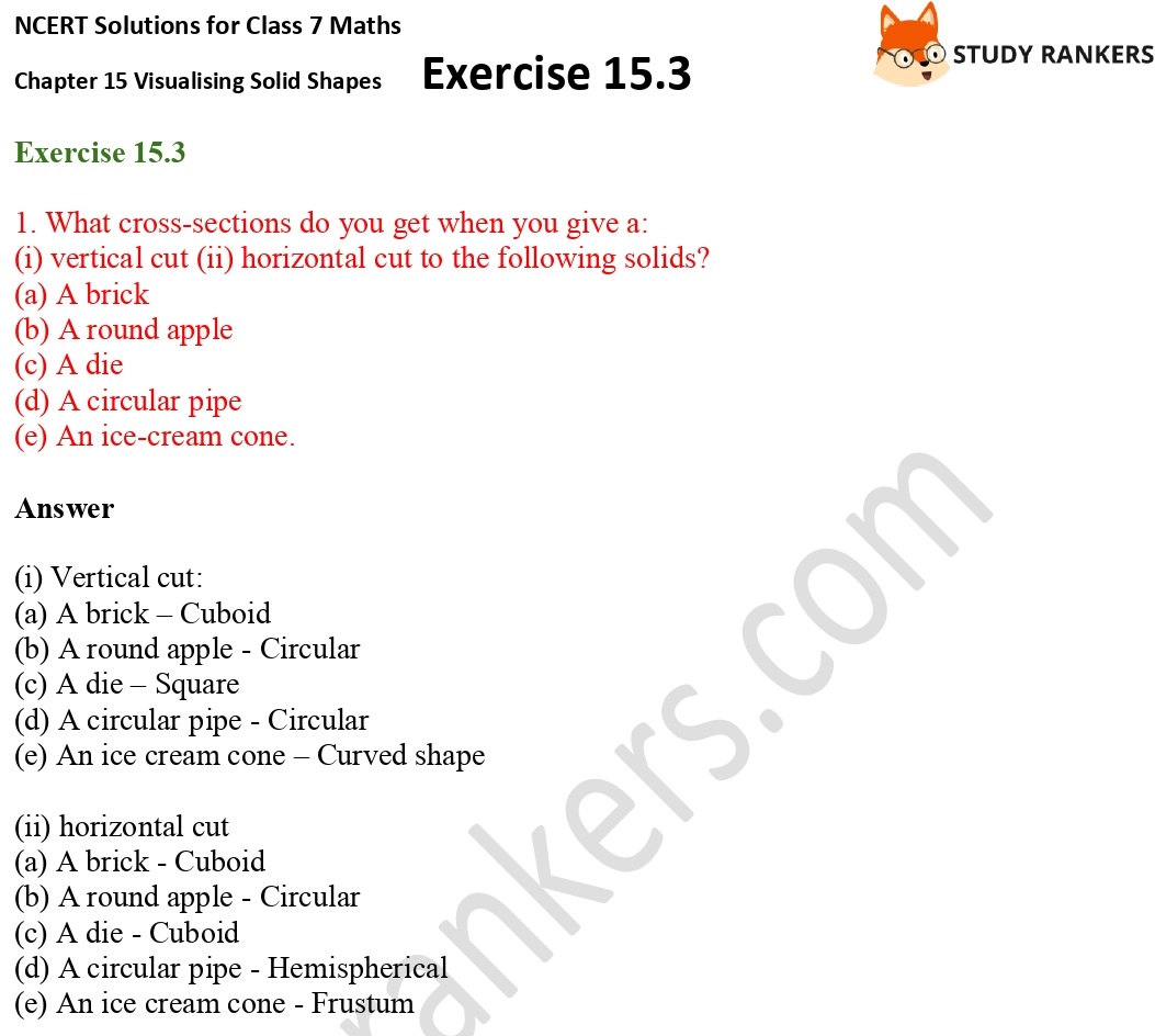 NCERT Solutions for Class 7 Maths Chapter 15 Visualising Solid Shapes Exercise 15.3