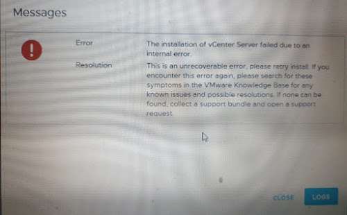 The installation of vcenter server failed due to an internal error The installation of vcenter server failed due to an internal error