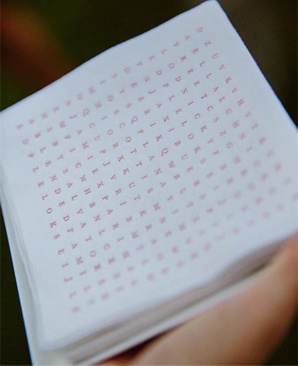 21 Insanely Fun Wedding Ideas - Display word search napkins at the bar