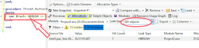 Screen shot of Deleaker's Allocations tab with only GDI objects shown