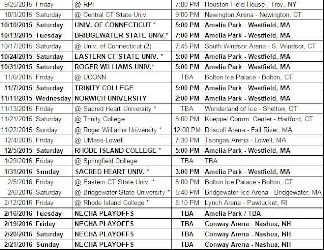 Westfield State Club Hockey: 2015-16 Regular Season Schedule Westfield State Club Hockey: 2015-16 Regular Season Schedule