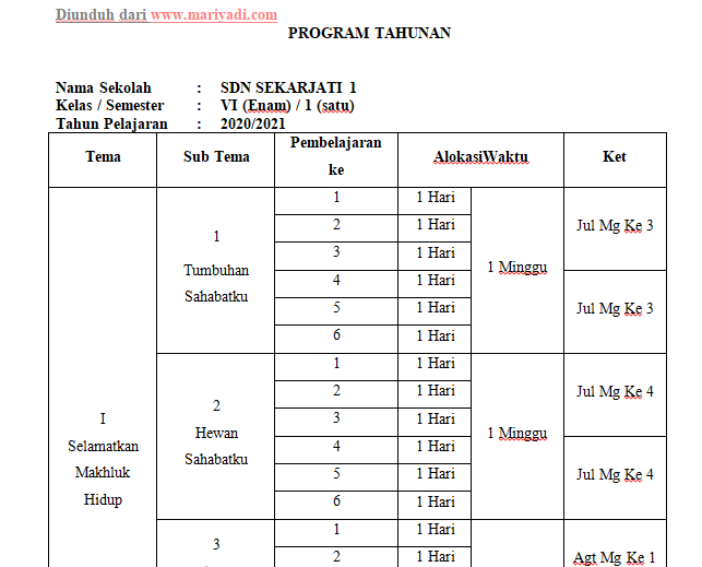 PROTA (Program Tahunan) Kelas 1, 2, 3, 4, 5, 6 SD/MI Kurikulum 2013