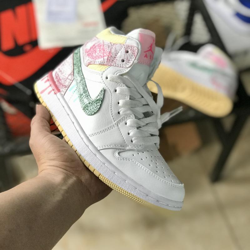 Giày thể thao sneaker nữ Jordan 1 Cao Cổ Vảy Sơn Gót Hồng hàng cao cấp full box bill, My Pham Nganh Toc