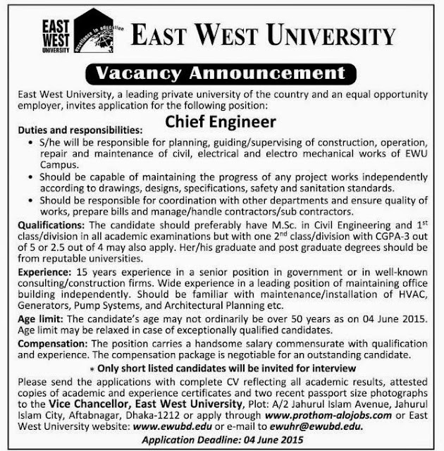 Post: Chief Engineer, Organization: East West University