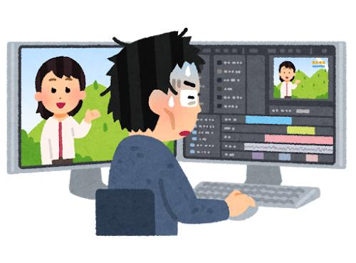 徹夜で動画編集をする人のイラスト