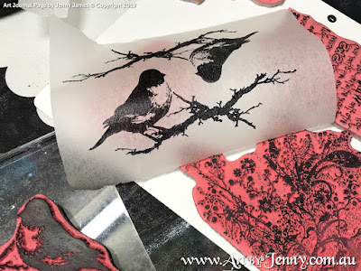 stamping Tim Holtz birds and branches onto tissue paper with Archival Ink