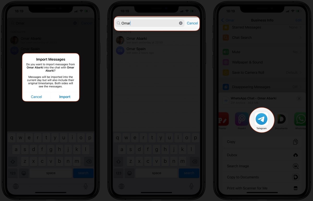 حدد تطبيق Telegram وانقر فوق استيراد للتأكيد على iPhone