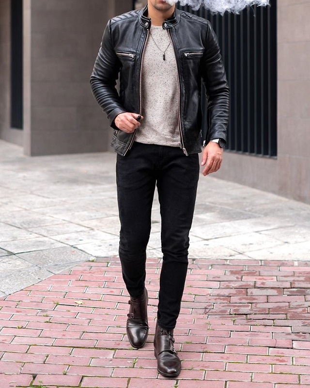 Men's Fashion Style Outfits Ideas Leather jacket with Round neck T shirt and trousers.