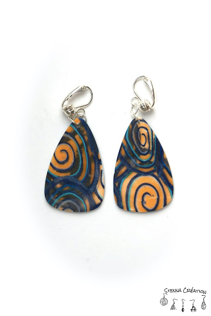 Boucles d'oreilles pâte polymère Canne Spirale bleu orange Fimo Stenna Création