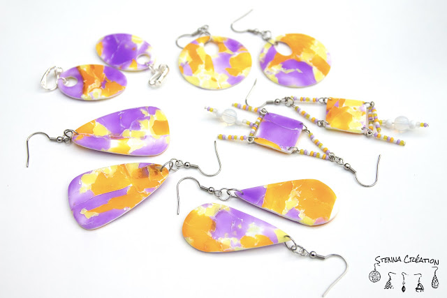 Boucles d'oreilles en pâte polymère Imitation Marbre Violet Jaune Translucent Stenna Création