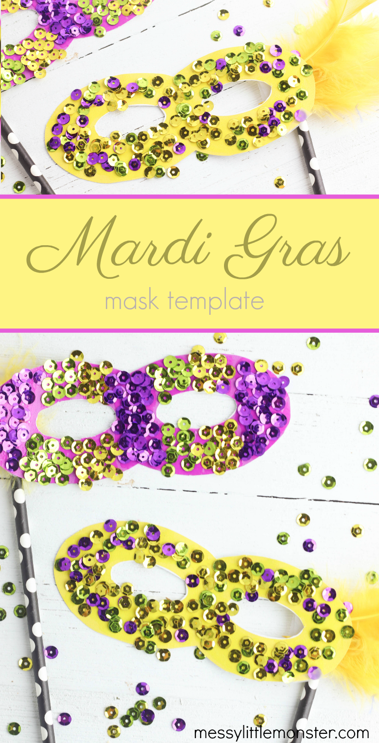 Mardi Gras Mask Craft for kids with printable Mardi Gras Masquerade mask template.