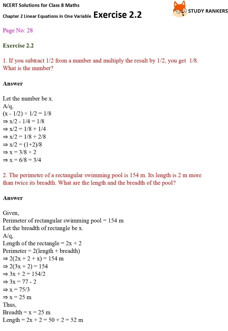 NCERT Solutions for Class 8 Maths Ch 2 Linear Equations in One Variable Exercise 2.2 1