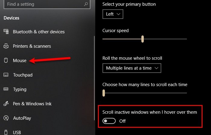 Как отключить неактивную прокрутку в Windows 10