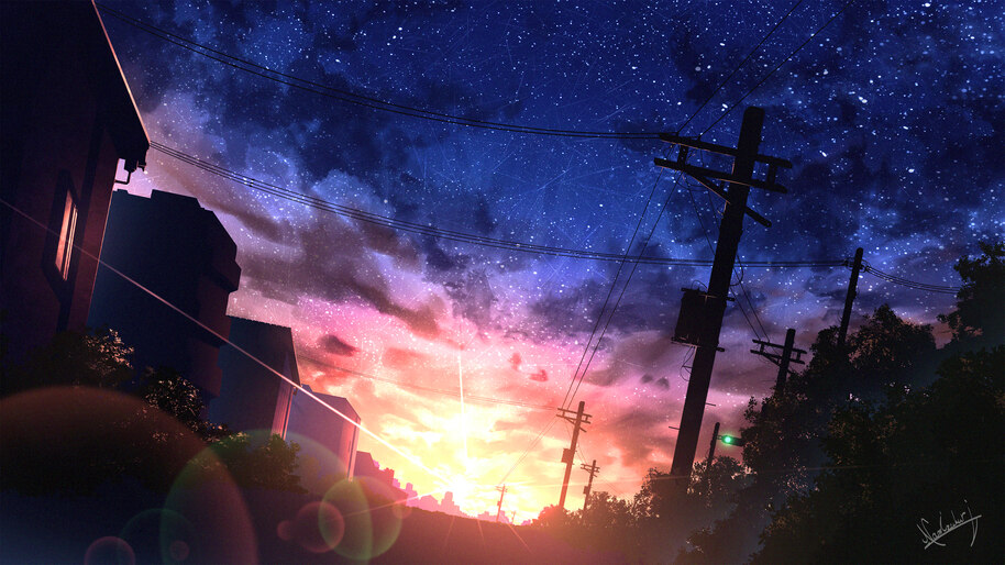 #8.2940, Sunset, Night, Sky, Starry, Sky, Stars, Anime, Art, 4K ...