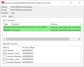 Security Descriptor view for COM Class showing Everyone has Access and Low Integrity Level