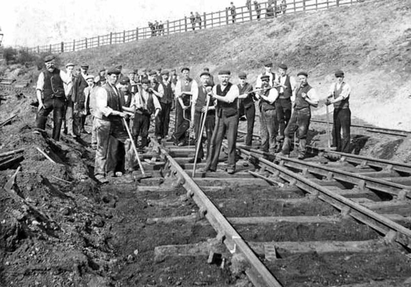 British Art Railway workers laying track at Ryecroft, late 19th century