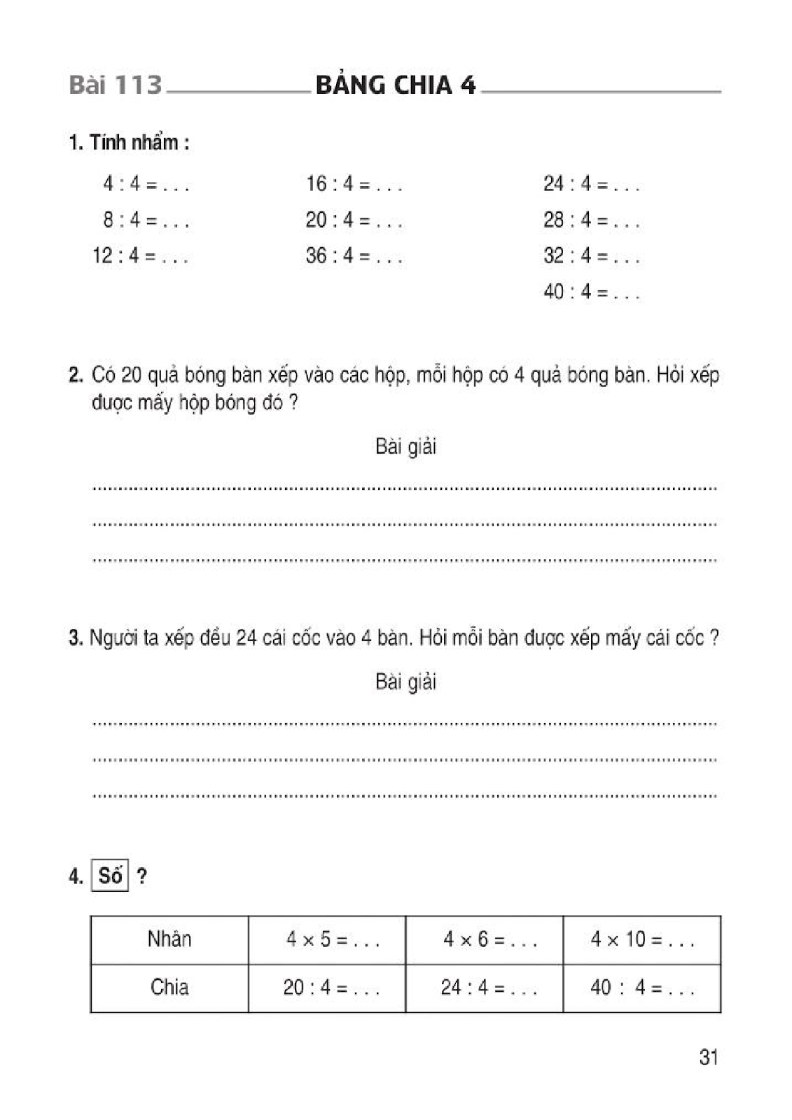 Bảng Chia 4 - Vở Bài Tập Toán Lớp 2 Tập 2 - Sách Lớp 2