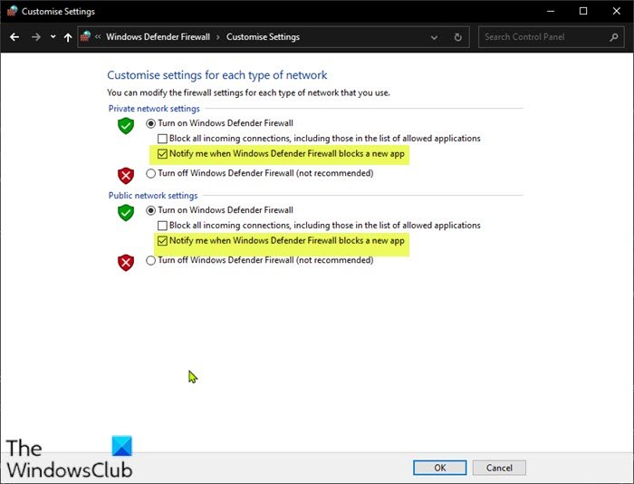 Activer ou désactiver les notifications du pare-feu Windows Defender via le panneau de configuration