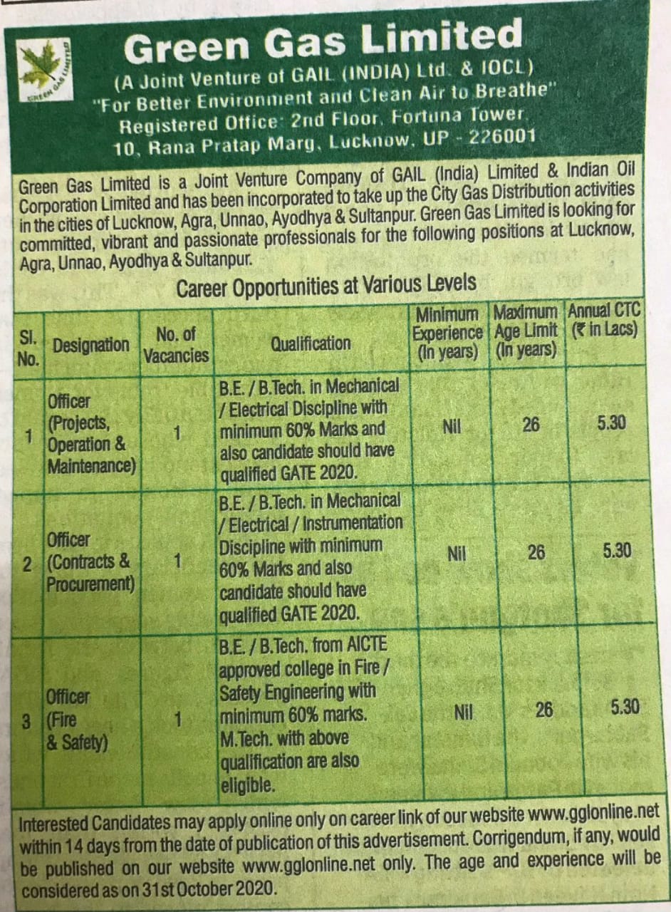 Green Gas Limited a joint venture of GAIL & IOCL Jobs For B.E B.Tech Engineers Check Now