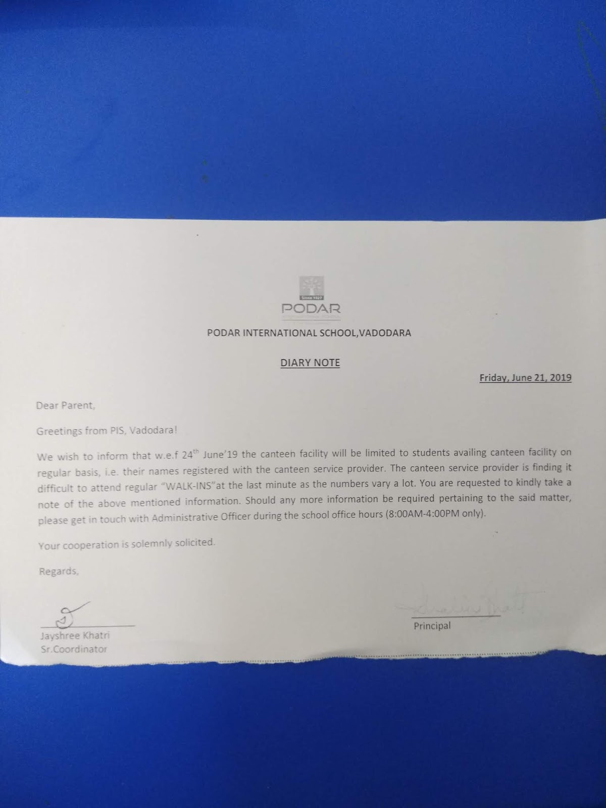 Important Circular regarding Canteen