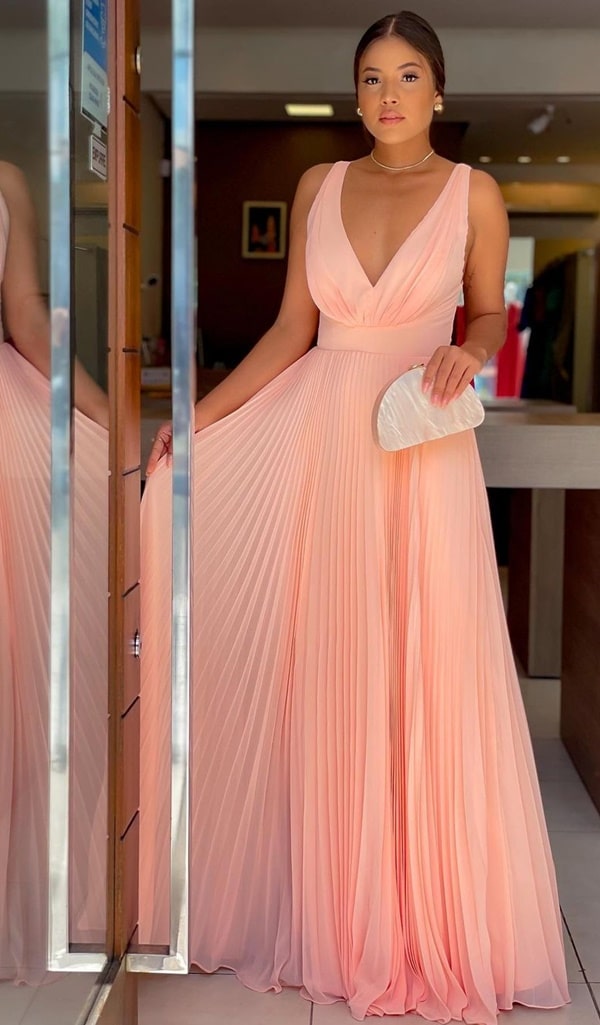 vestido longo rose plissado