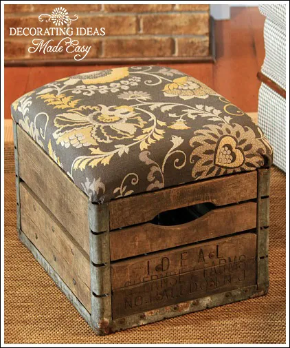 Make a cool old crate ottoman, by Decorating Ideas Made Easy, featured on I Love That Junk