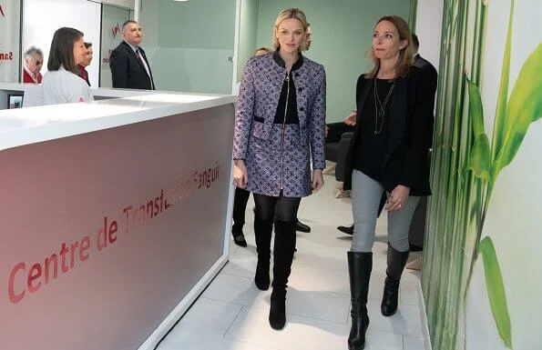 Princess Charlene wore Louis Vuitton lurex monogram tweed fitted jacket and bi-material dress and Dior stretch suede boots
