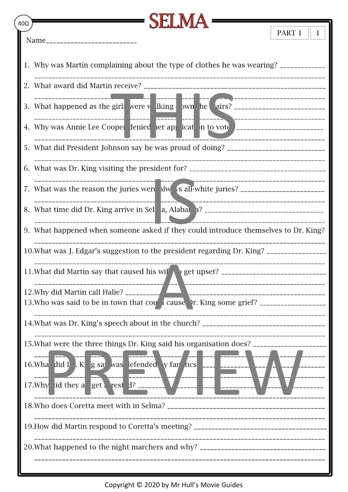 Selma Movie Guide + Extension Questions Answer Key Included Movie