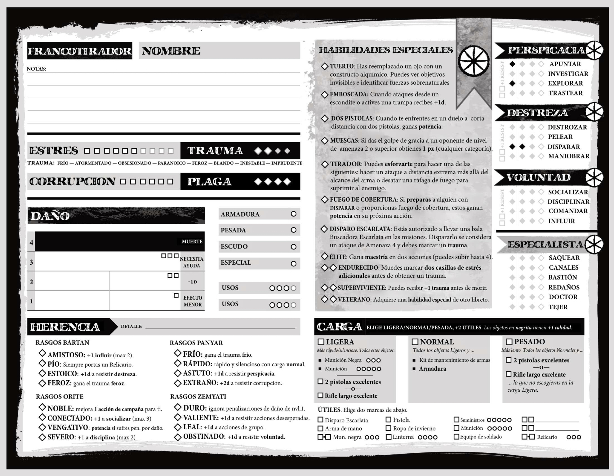 Sinergia de Rol Hojas de personaje para Blades in the dark (por