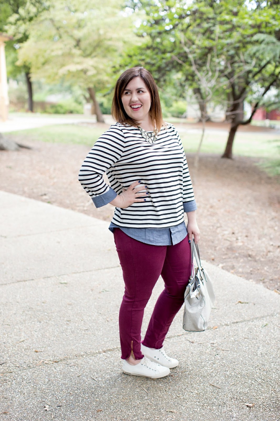 Rebecca Lately Fall Outfit Stripes Chambray Maroon Jeans