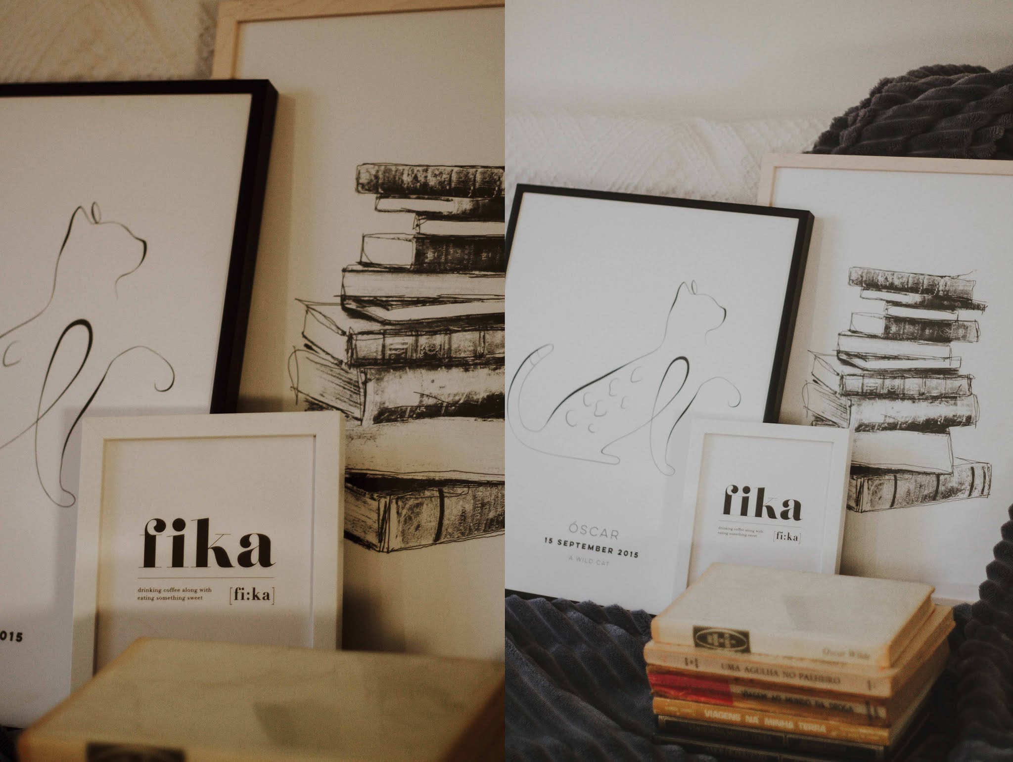 Melhor que ter quadros bonitos na parede cá de casa, é ter quadros personalizados com os nossos amigos de quatro patas. Escolhi, novamente, alguns posters e frames da Desenio. Não são todos personalizados, mas o que mais me conquistou foi o My Cat Personal Poster - um poster personalizável com o nosso animal de estimação (ilustração à escolha), num design minimalista e no qual podemos colocar data e texto.