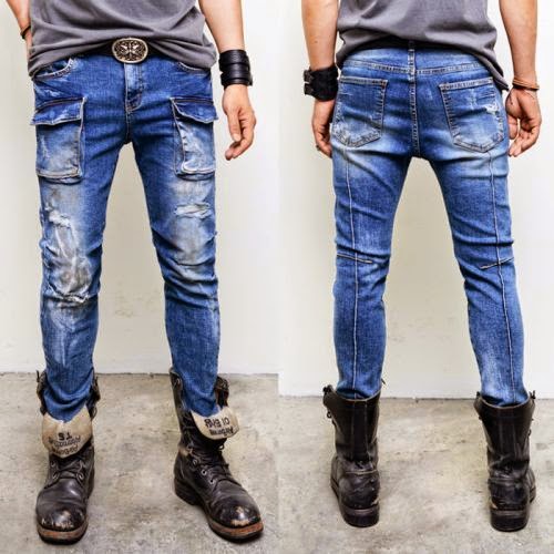 Men's Vintage Wornout Slim Cargo Blue Jeans-Jeans 193 | Fast Fashion Mens Clothes Online GUYLOOK.COM