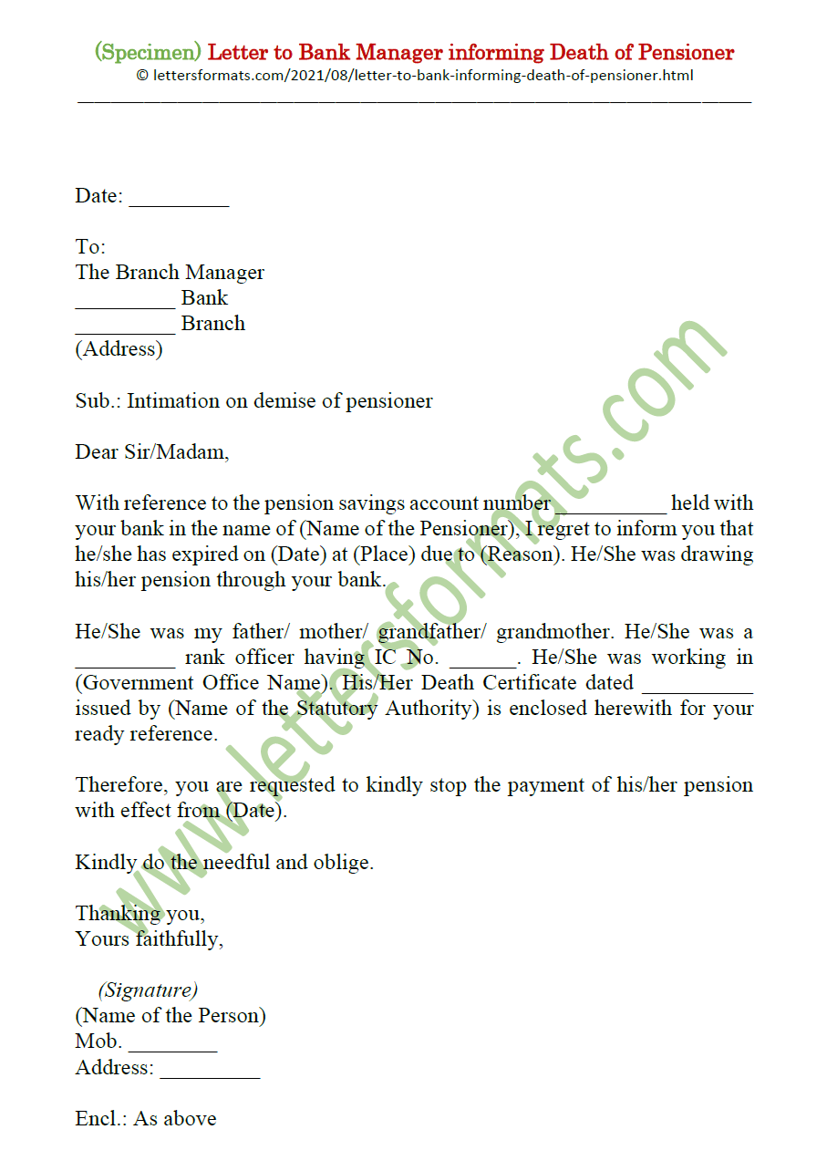 Sample Letter to Bank Manager informing Death of Pensioner