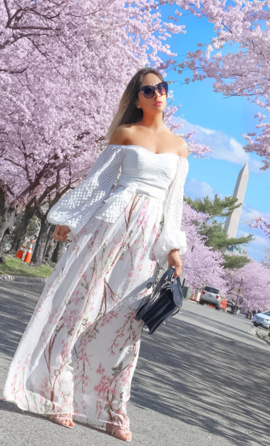 white off the shoulder top with cherry blossom print skirt 