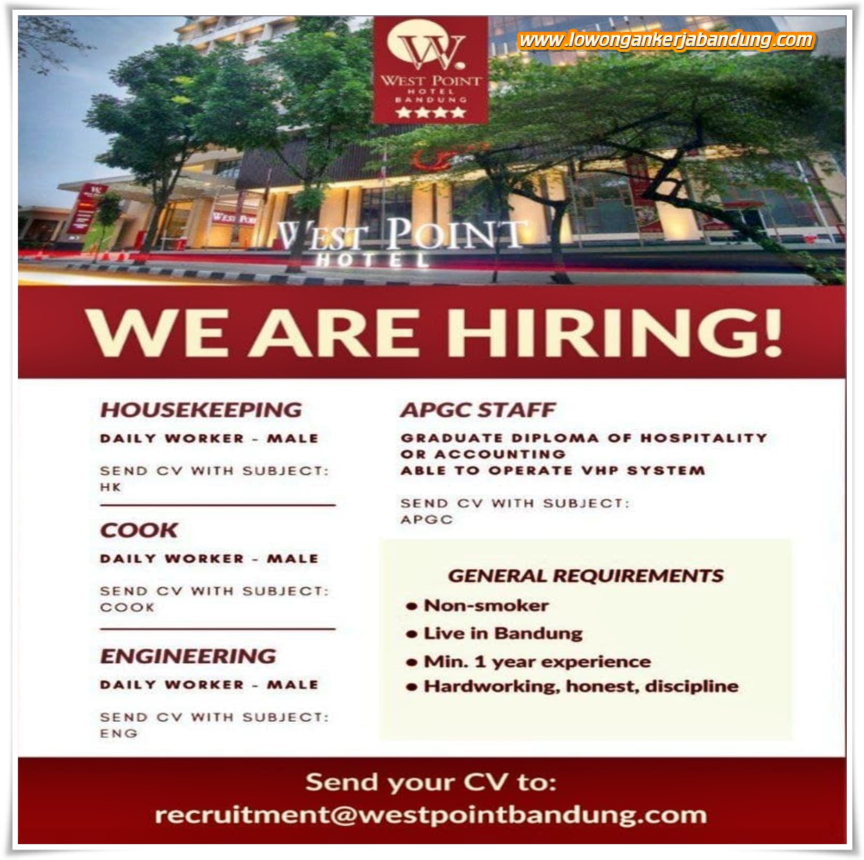 Lowongan Kerja Karyawan West Point Hotel - Loker Bandung Hari Ini