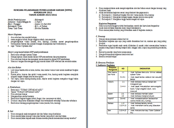 Contoh RPPH dan RPPM PAUD Kurikulum 2013 Berkas Pendidikan