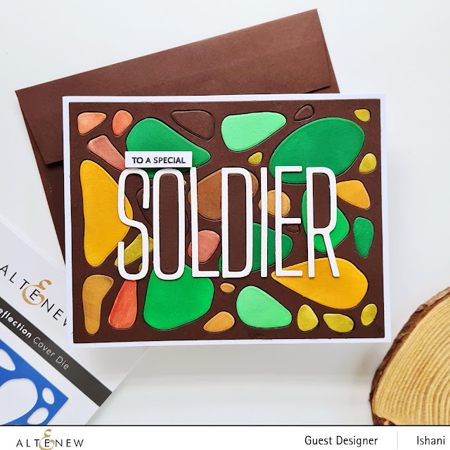 Card for a soldier, Altenew calming reflections die, Camouflage pattern card, Card for Army man, Card for marine, Altenew coverplate die card, Quillish , Ishani