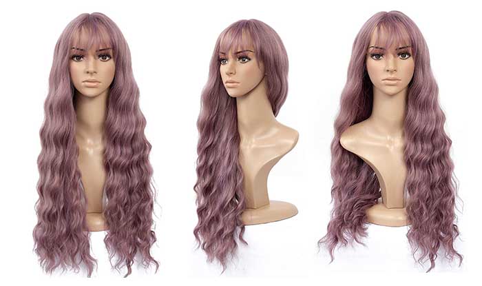 HUA MIAN LI Long Wavy Wig With Air Bangs Silky Full Heat Resistant Synthetic Wig for Women - Natural Looking Machine Made Grey Pink 26 inch Hair Replacement Wig for Party Cosplay Body Wavy (Pink)
