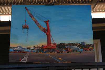 Plein air oil painting of crane lifting a boat at the Hungry Mile, East Darling harbour Wharves painted by marine artist Jane Bennett