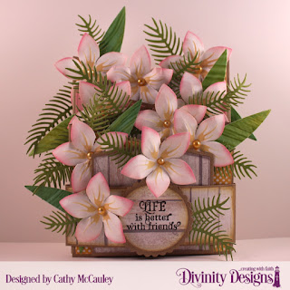 Divinity Designs Stamp Set: Sweet as Perfume, Paper Collections: Weathered Wood, Birthday Brights, Spring Flowers, Custom Dies: Cascade Fold Card with Layers, Belly Band, Circles, Scalloped Circles, Frangipani, Ferns