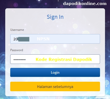 Masukkan NPSN sebagai Username dan Kode Registrasi Dapodik sebagai Passwordnya, kemudian klik Login