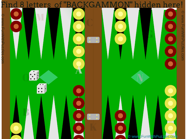 In this Picture Riddles your challenge is find the 8 hidden letters of the word BACKGAMMON