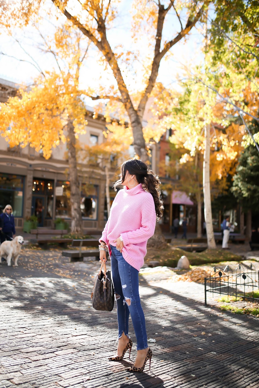 Emily Gemma, The Sweetest Thing Blog, aspen fashion blog, hot pink turtleneck ASOS, how pink turtleneck Nordstrom, Zara ripped jeans, leopard pumps, christian louboutin so kate leopard pumps, louis vuitton Montaigne GM, pinterest fall fashion 2016, pinterest fall outfits, pinterest outfit ideas fall casual women, pinterest fall trends 2016, pinterest fall outfit ideas for women, fall date night outfits, best fall outfits, popular fall outfits, how to wear hot pink in fall, leopard print pumps outfit idea, fashion blogs with fall outfits, popular fashion blogs fall outfits, messy ponytail tutorial, how to make a messy low ponytail, messy voluminous low ponytail, medium brunette hair style, fall hairstyles 2016, fall hair brunette balayage medium, smash box OBVI lipstick charlotte tilbury lipgloss, david yurman morganite albion ring gold, david yurman bracelet stack