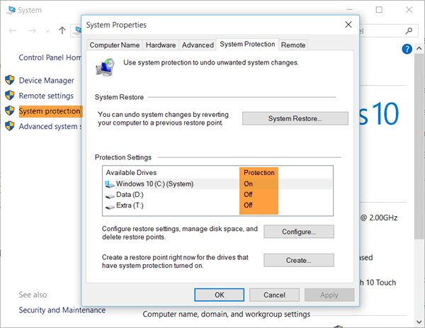 Attiva Ripristino configurazione di sistema in Windows 10